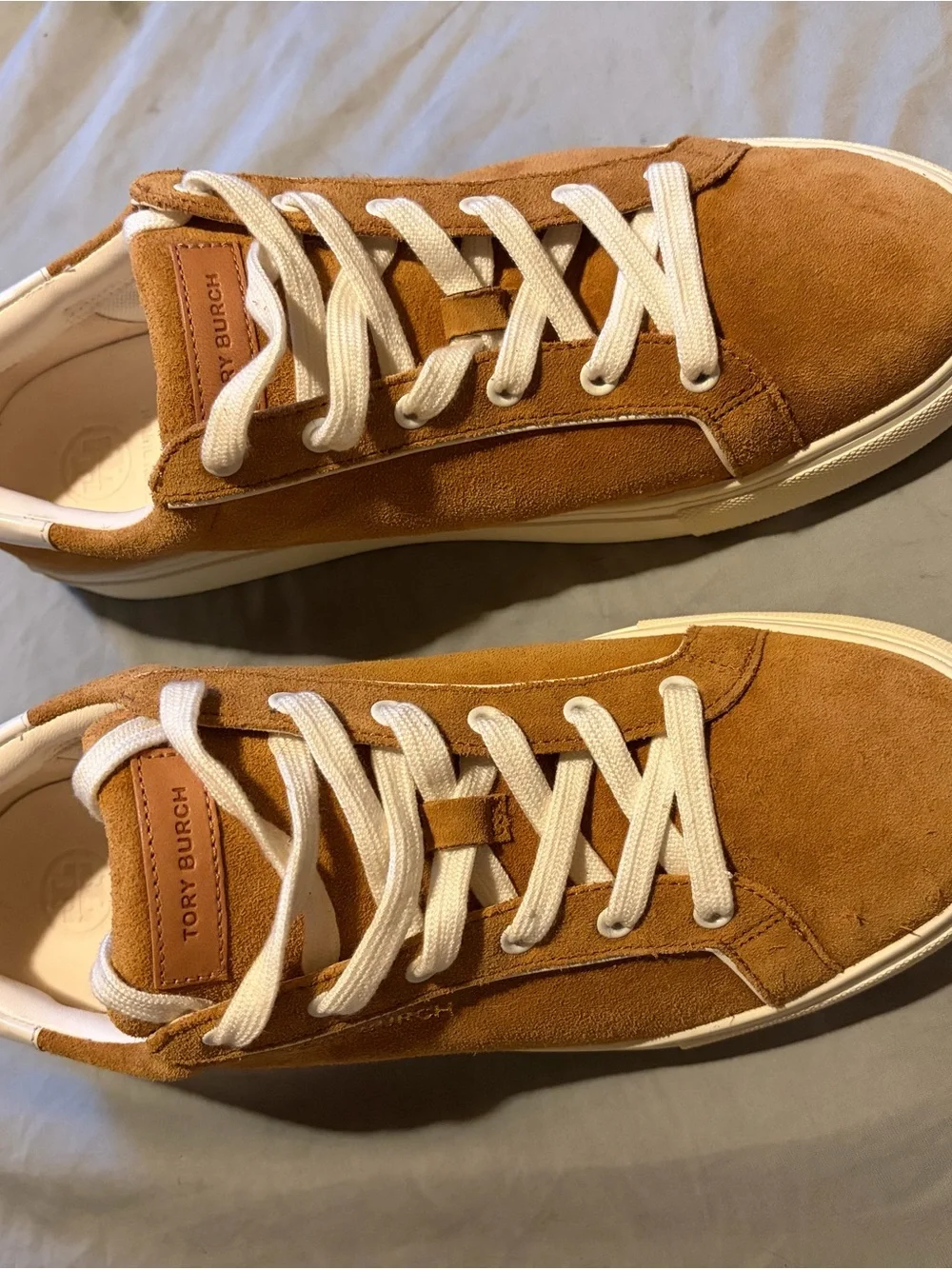 Tory Burch Camel Suede Low-Top Sneakers with Cream Accents